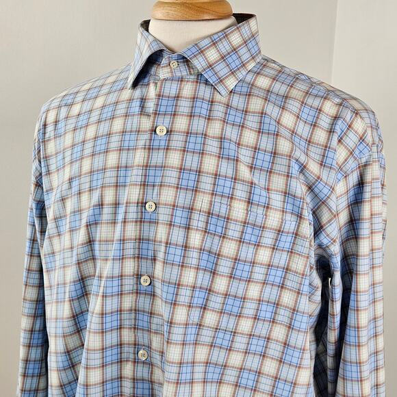 Peter Millar Blue Plaid Button-Up Long Sleeve Dress Shirt | Men's XL‎ - Picture 6 of 14